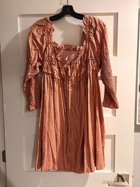 Free People Rust/Peach Printed Long Sleeve Dress